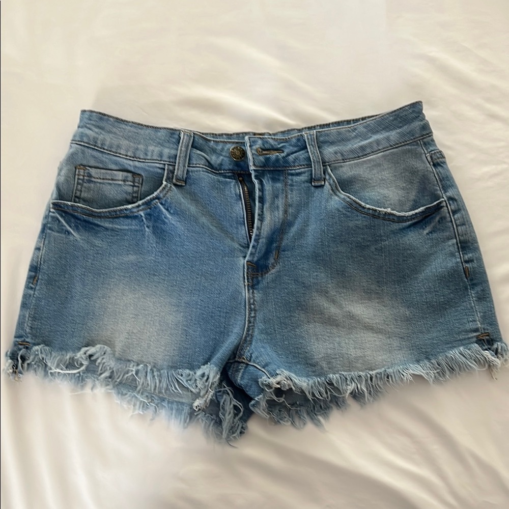 Blue Jean Shorts with Distressed Frayed Hem